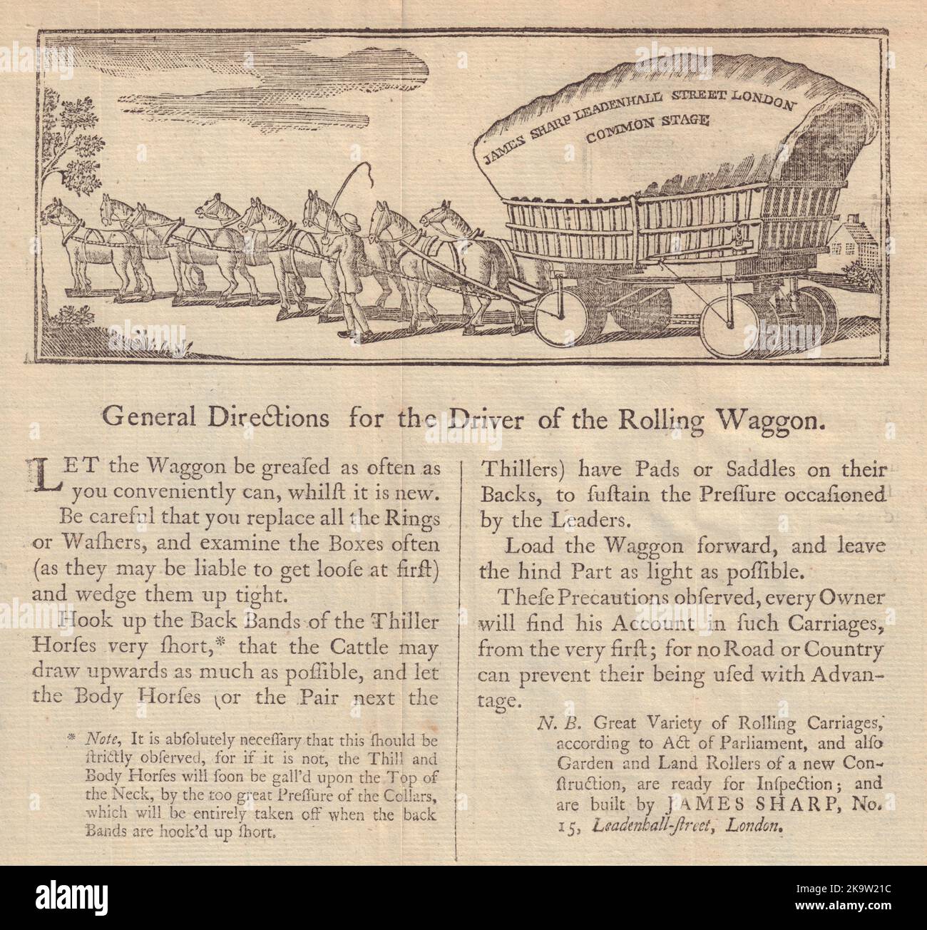 Allgemeine Anweisungen für den Fahrer des Rollwagen. James Sharp London 1773 Stockfoto