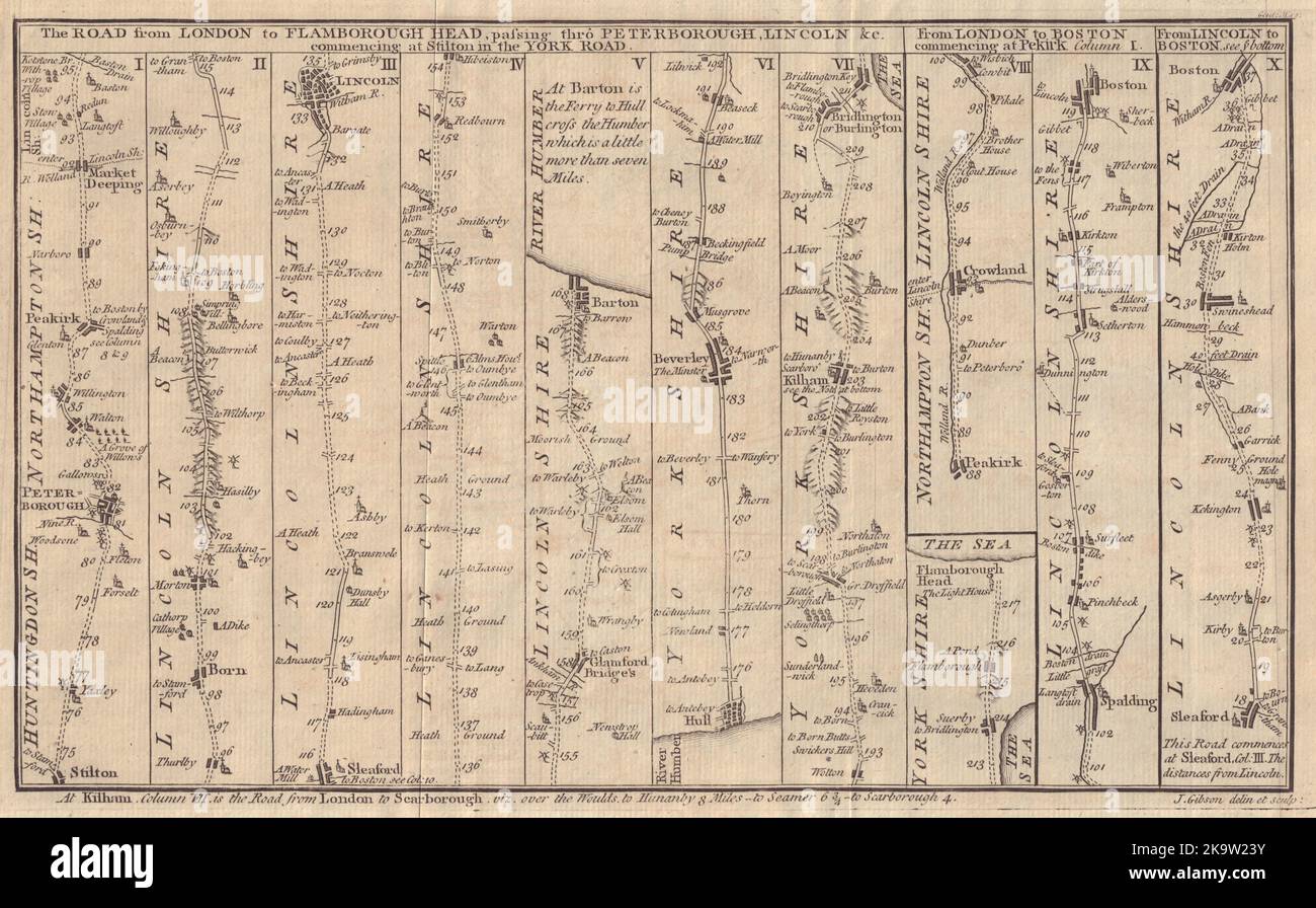 Die Straße von Peterborough nach Lincoln Hull Beverley Bridlington. GIBSON 1766-Karte Stockfoto