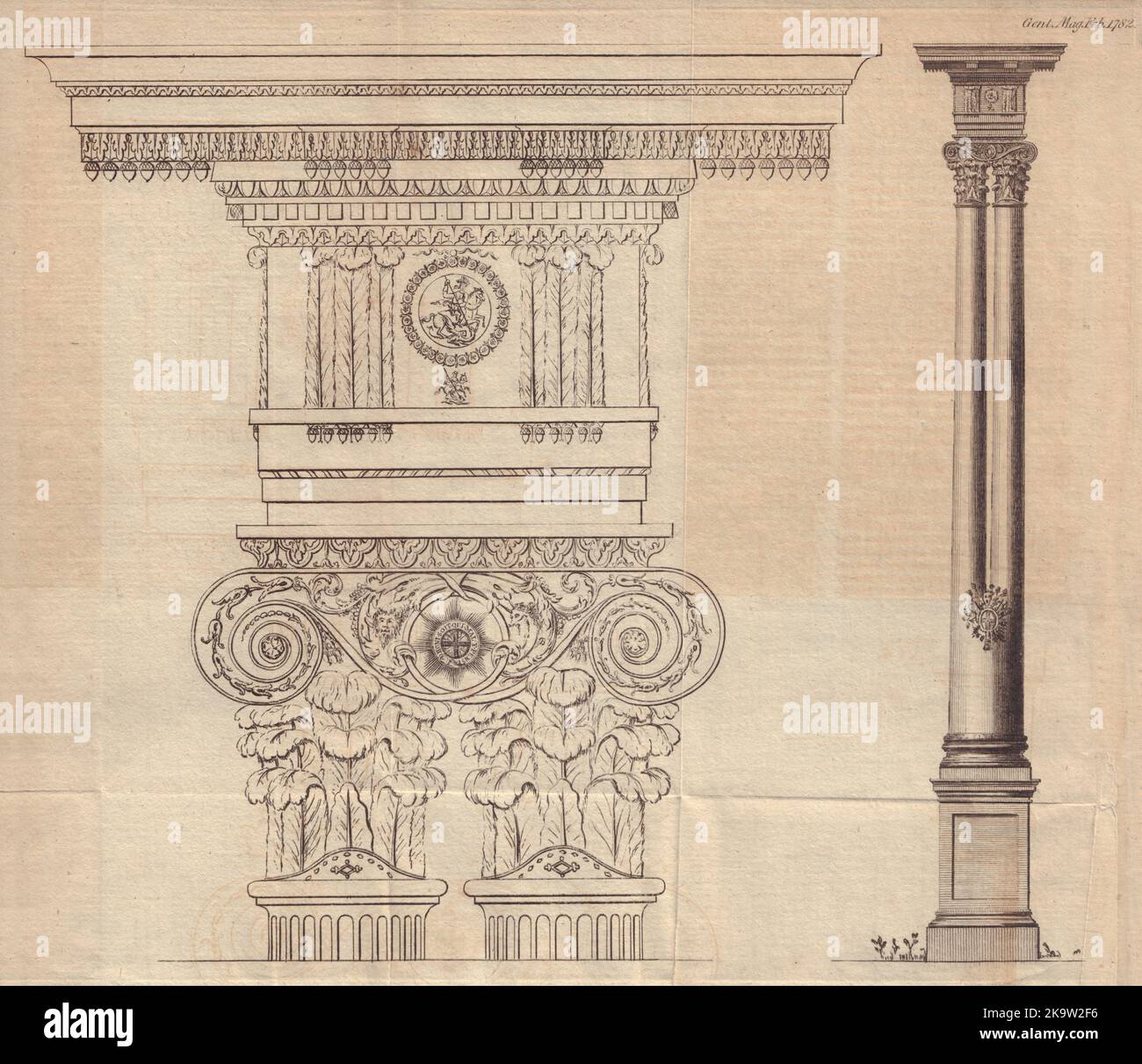 Design für einen neuen Architekturorden, von Emlyn. Dekorativer Säulendruck 1782 Stockfoto