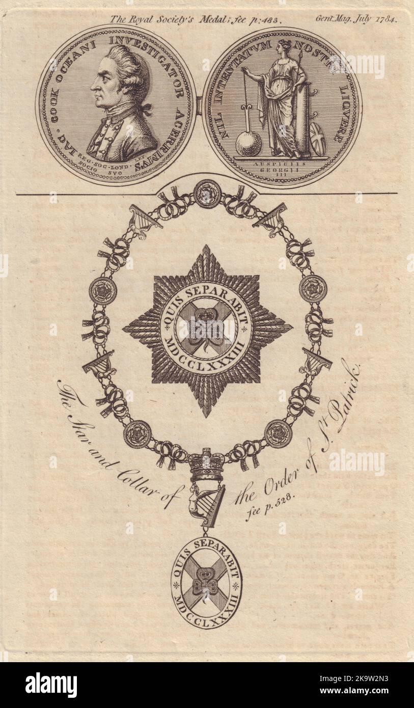Der Star & Collar von St. Patrick. Die Medaille der Royal Society of Captain Cook 1784 Stockfoto