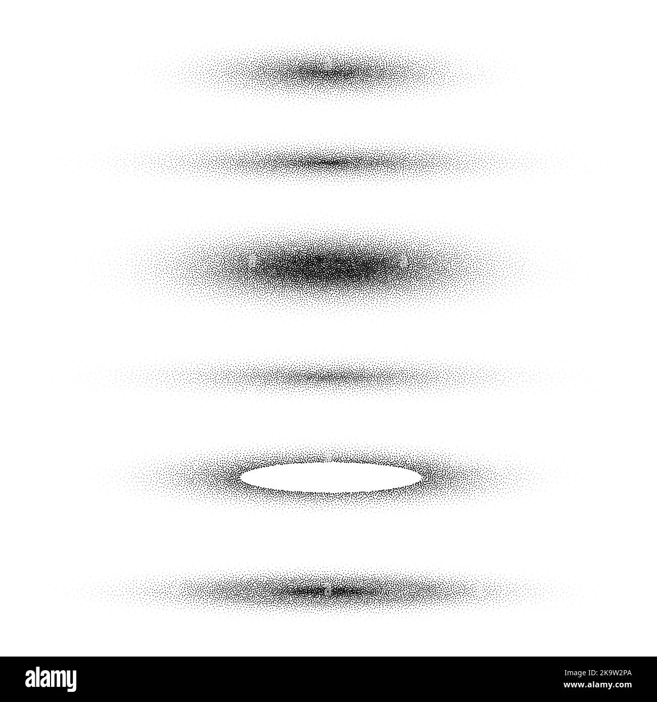 Gestrichelte Schatten, gepunktete Designelemente. Verblassender Verlauf. Stippeln, Dotwork-Zeichnen, Schattierung mit Punkten. Pixelzerfall, Halbtoneffekt Stock Vektor