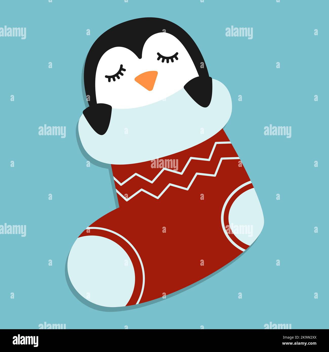 Niedliche Cartoon Pinguin schlafen in Weihnachtsstrümpfen. Vector Weihnachtssocken. Stock Vektor