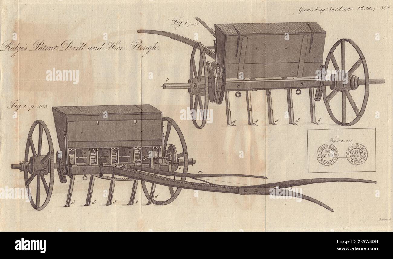 Ridge's Patent Drill & Hoe Plough. Token „Robert Little“ in Croydon, 1667. 1790 Stockfoto