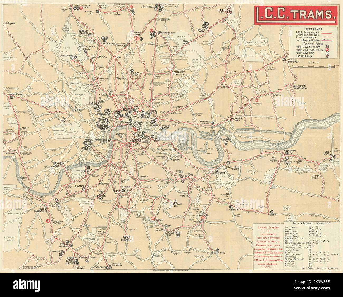 L.C.C. Straßenbahnen. London County Council Tramways Routen 1920 alte antike Kartenkarte Stockfoto