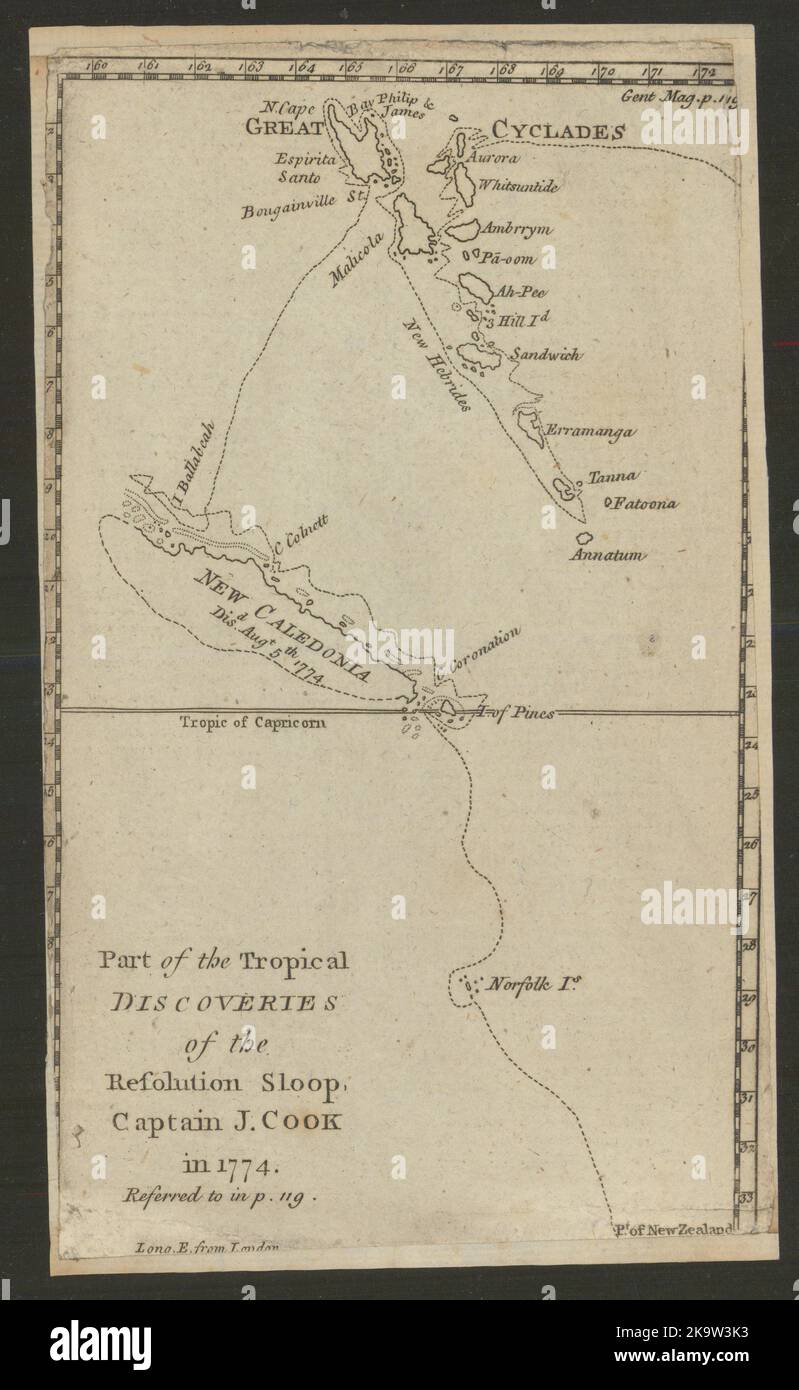 Die tropischen Entdeckungen von HMS Resolution… Neukaledonien Vanuatu. COOK 1776 MAP Stockfoto