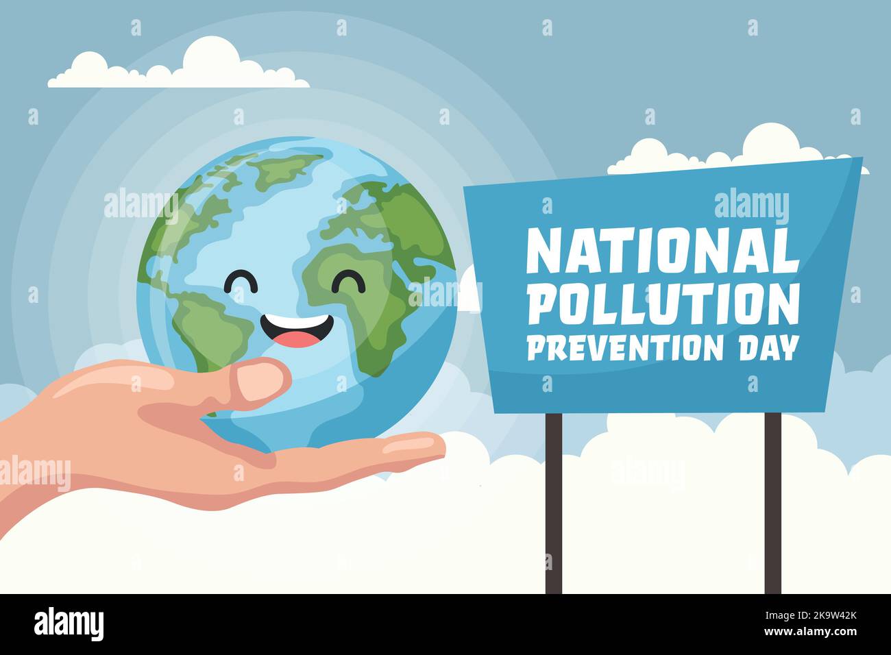 Cartoon-Hintergrund des Planeten Erde von einer Hand mit dem Text des nationalen Tag der Vermeidung von Umweltverschmutzung gehalten. Poster zur Sensibilisierung für die Fürsorge f Stock Vektor
