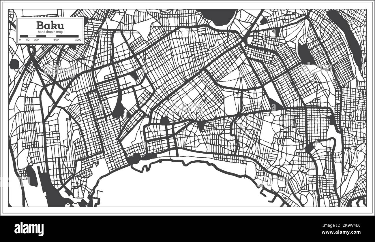 Baku Aserbaidschan Stadtplan in Schwarz und Weiß Farbe im Retro-Stil isoliert auf Weiß. Übersichtskarte. Vektorgrafik. Stock Vektor