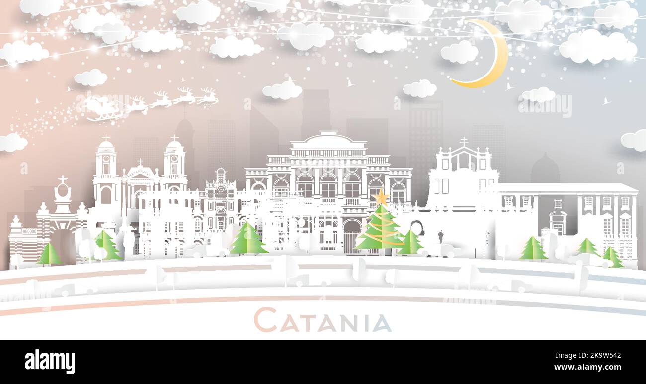 Catania Italy City Skyline in Paper Cut Style mit Schneeflocken, Mond und Neon Girlande. Vektorgrafik. Weihnachts- und Neujahrskonzept. Weihnachtsmann Stock Vektor