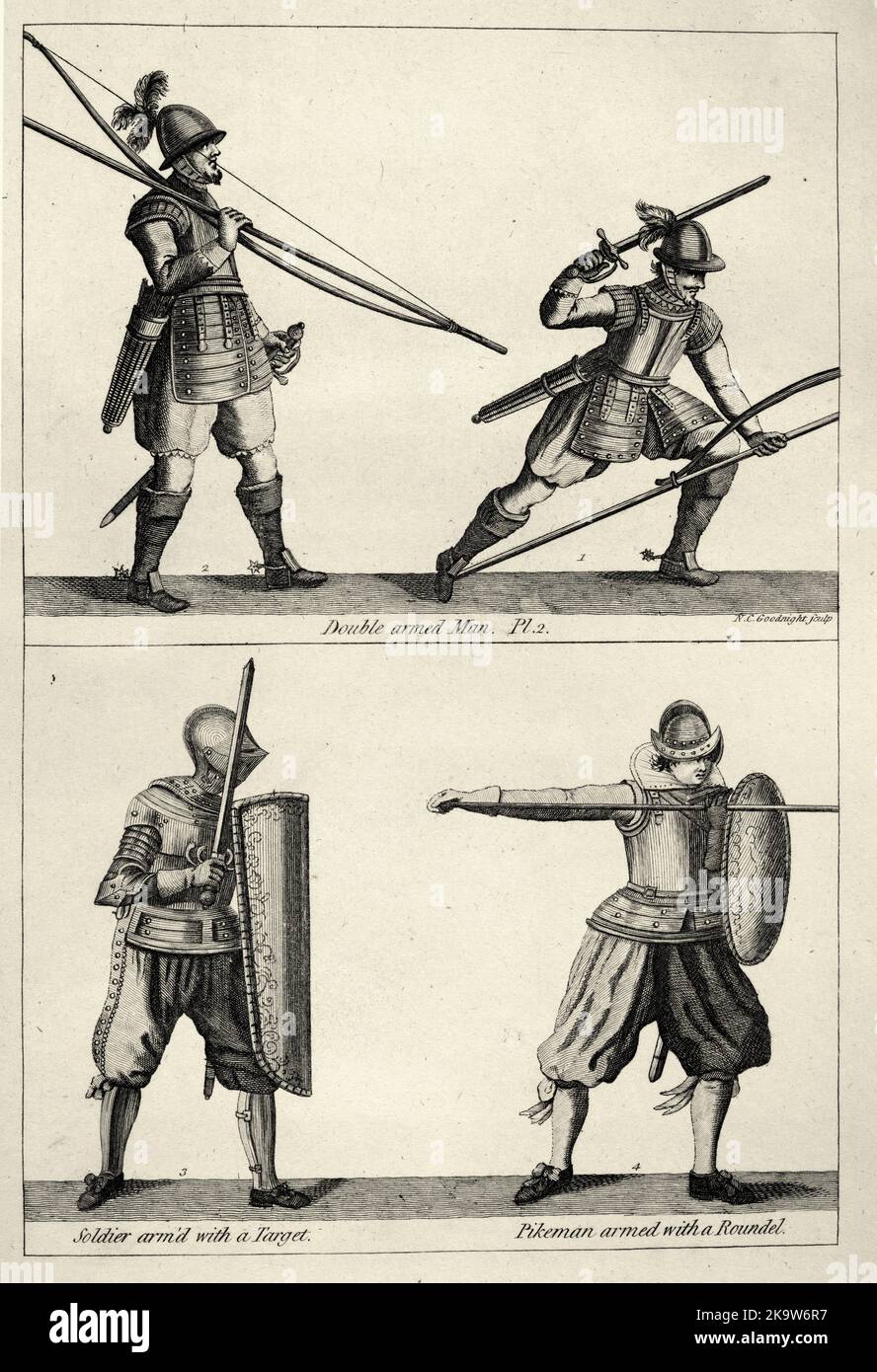 Militärgeschichte 17. Jahrhundert, Soldaten, Doppelbewaffnet, Hecht, Schwertschild, Langbogen, Rüstung, englische Armee Stockfoto