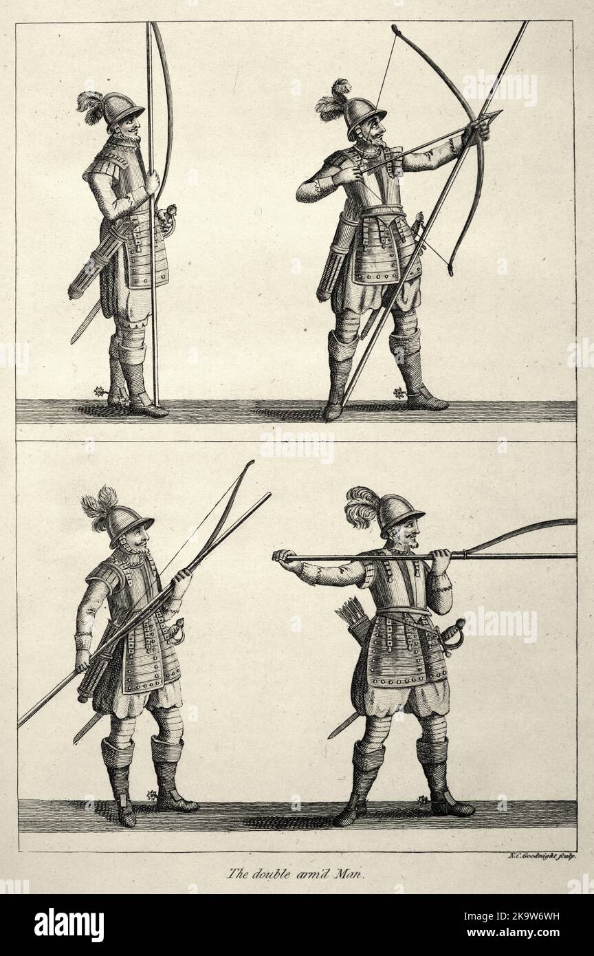Militärgeschichte 17. Jahrhundert, Soldaten, Doppelbewaffneter Mann, Hecht, Schwert, Langbogen, Rüstung, englische Armee Stockfoto