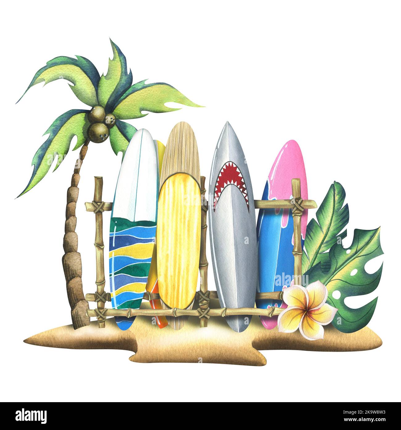 Eine tropische Insel mit einer Kokospalme, einer Plumeria-Blume, Blättern und Surfbrettern auf einem Stand. Aquarell-Illustration im Cartoon-Stil. Komposition aus Stockfoto