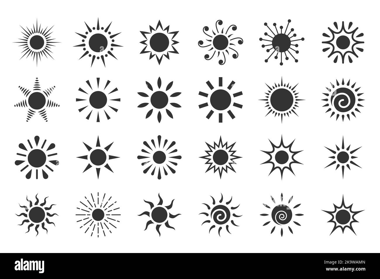 Sun Flat Icon Set. Verschiedene Form Sonnenstern. Cartoon Sommer Sonnenlicht Natur Himmel. Einfaches grafisches Sonnenkreiszeichen. Symbol für sonnige Wärmestrahlen der Wetter-App. Logo Sonnenaufgang Sonnenuntergang isoliert auf Weiß. Stock Vektor
