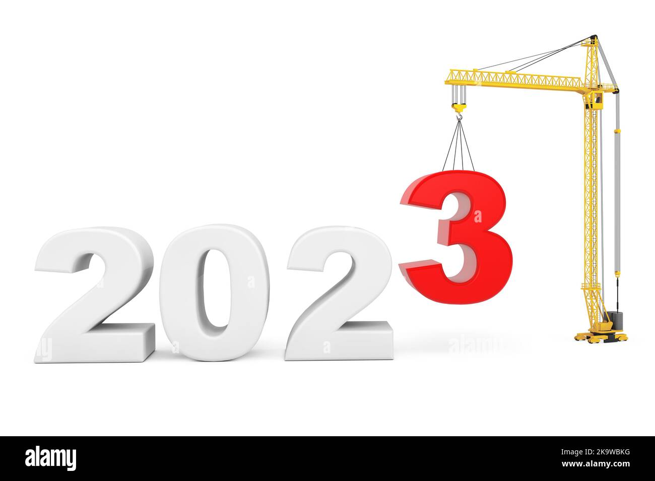 Entwickeln Sie das Zukunftskonzept. Turmdrehkrane mit 2023-Jahres-Zeichen auf weißem Hintergrund. 3D Rendering Stockfoto