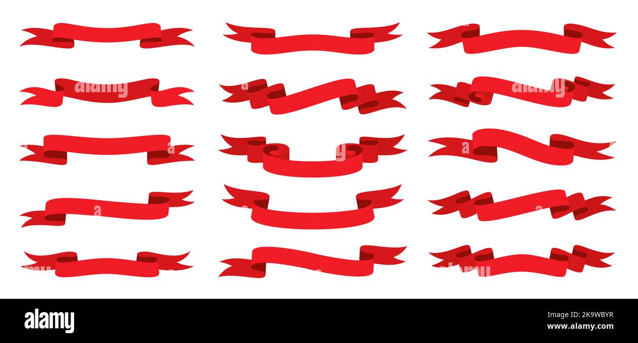 Flaches Set mit rotem Band. Leeres Bandbanner für Werbeaktion, Verkaufstext, Titelbild, Abzeichen, Emblem, Leerer Rahmen. Gewellte Schriftbänder. Elegante Retro-Flagge, Hintergrundstreifen Stock Vektor