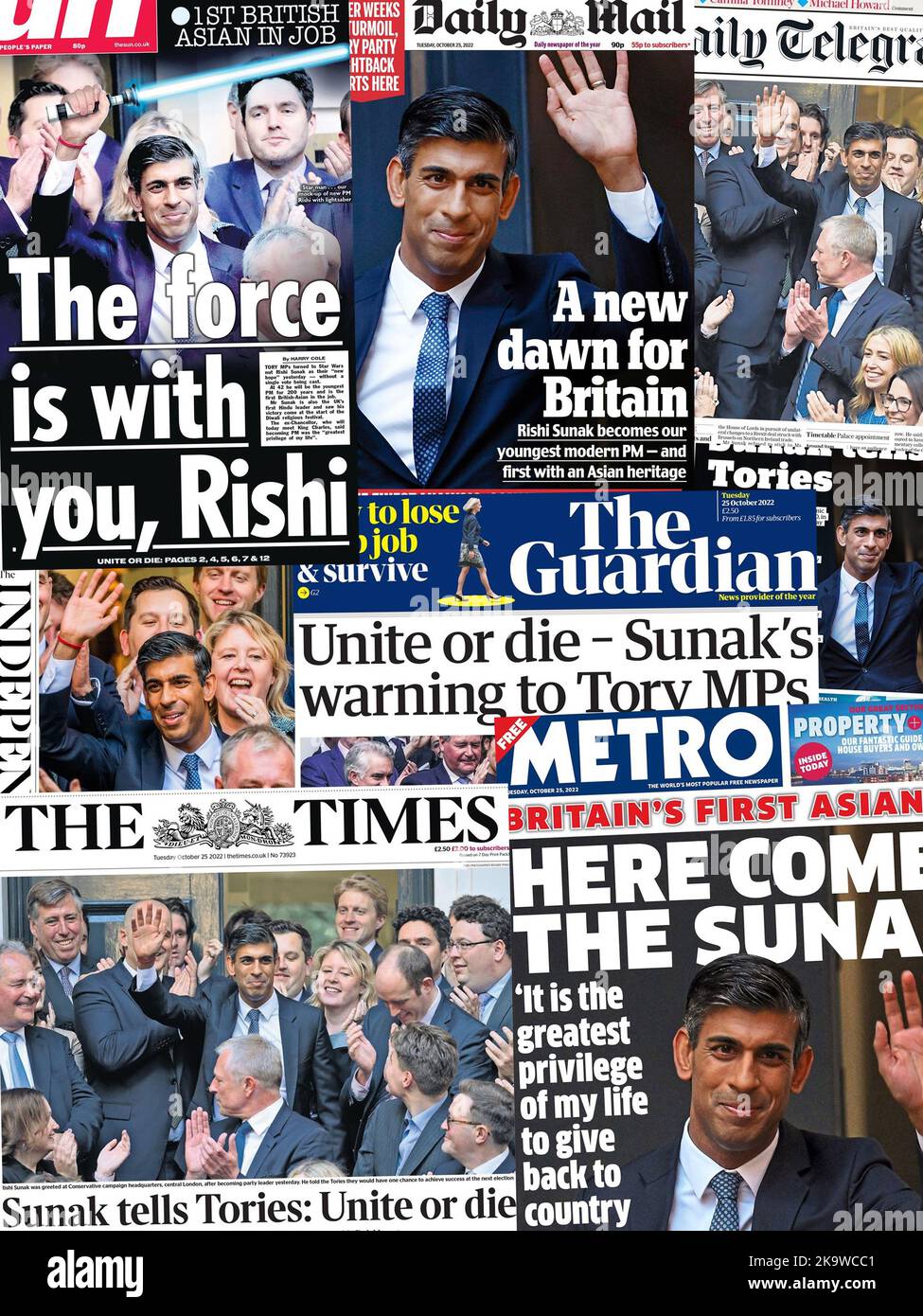 Titelseiten der britischen Zeitung am Dienstag, den 25.. Oktober 2022, dem Tag, an dem der Vorsitzende der Konservativen Partei, Rishi Sunak, Premierminister des Landes wurde. Stockfoto
