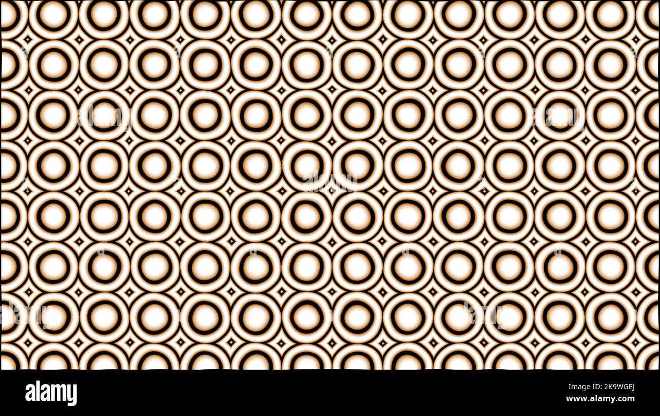 Eine Menge Spiralform von orange weißen und schwarzen Kreisen Muster auf kreativen abstrakten Hintergrund mit 3D Rendering Illustration für Kreis, Geometrie und Stockfoto