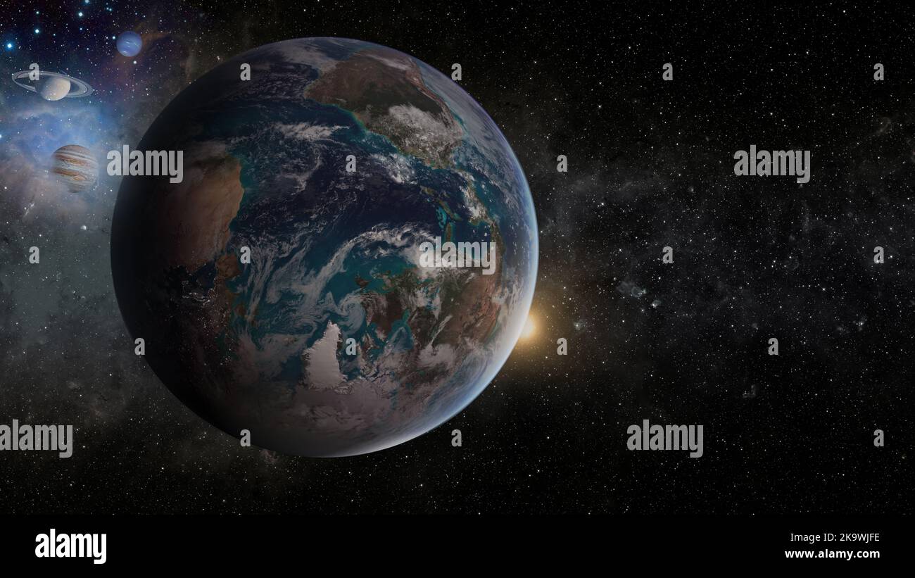 Planet Erde im All, Saturn, Jupiter und Uranus im Vordergrund. 3D Abbildung. Elemente dieses Bildes, die von der NASA eingerichtet wurden. Stockfoto