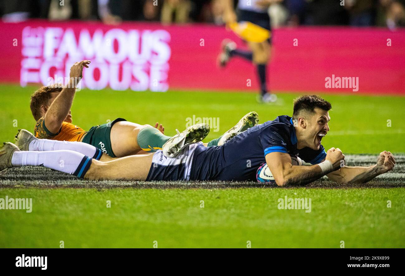 Schottland Oktober 29. : der schottische Blair Kinghorn bekommt beim Rugby Union Autumn Internationals-Spiel zwischen Australien und Schottland im BT Murrayfield Stadium Schottland 29.. Oktober 2022 Australien 16: Schottland 15 Stockfoto