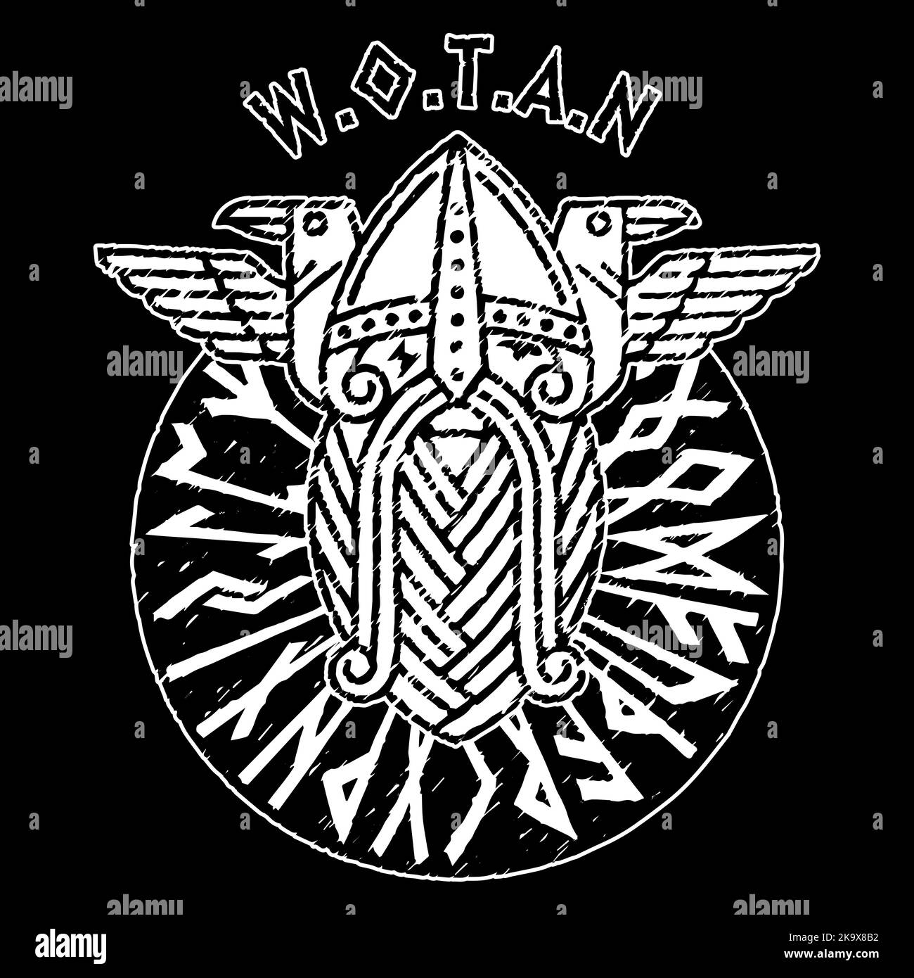 Gott Wotan und zwei Raben in einem Kreis von nordischen Runen. Illustration der nordischen Mythologie Stock Vektor