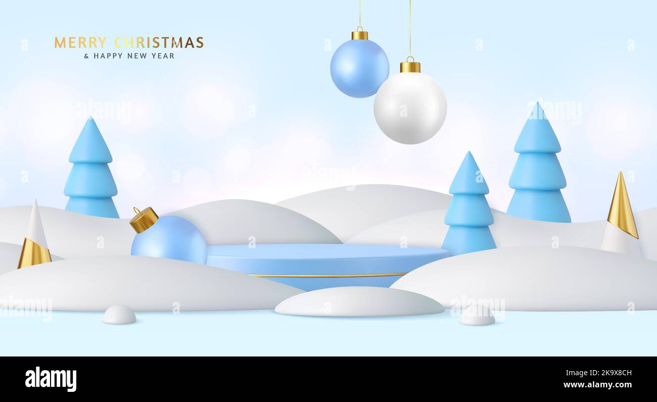 3D Weihnachtshintergrund mit zylindrischem Podium für Werbeaktionen. Runde Bühne für Präsentation des Verkaufsprodukts. Stock Vektor