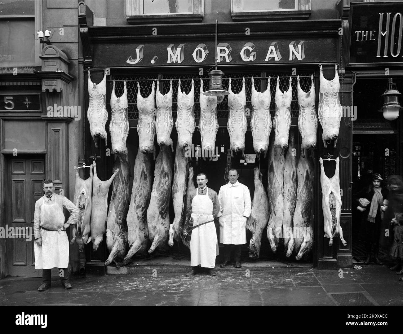 Atemberaubend (auf mehr als eine Art!) Ausstellung von Schweineschlachtkörpern vor J. Morgan's Metzger Shop in Broad Street, Waterford, Irland - 1916 Stockfoto