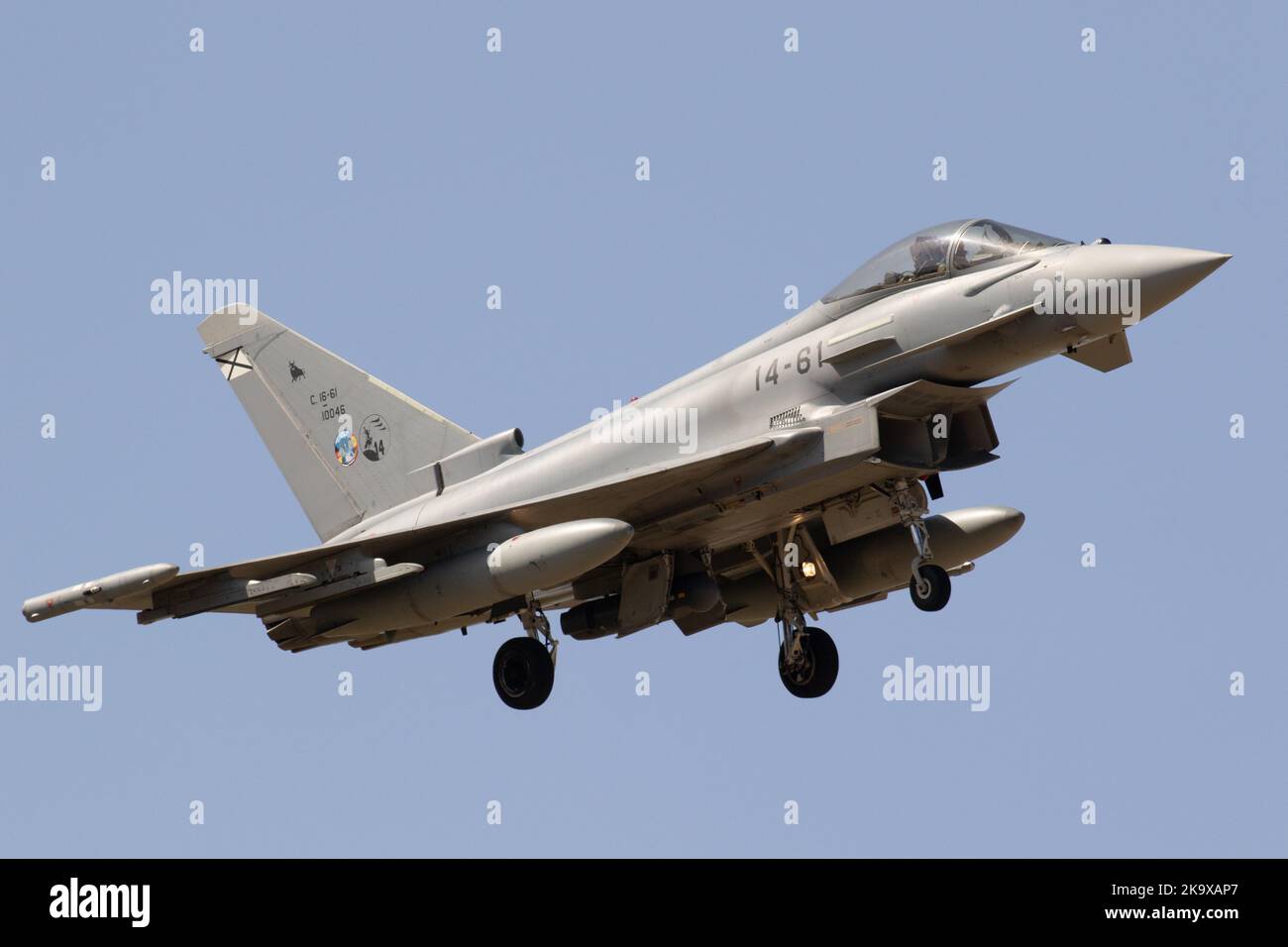 Der Eurofighter der spanischen Luftwaffe kommt während der SIRIO 22-Übung auf dem Luftwaffenstützpunkt Gando an Land. Stockfoto