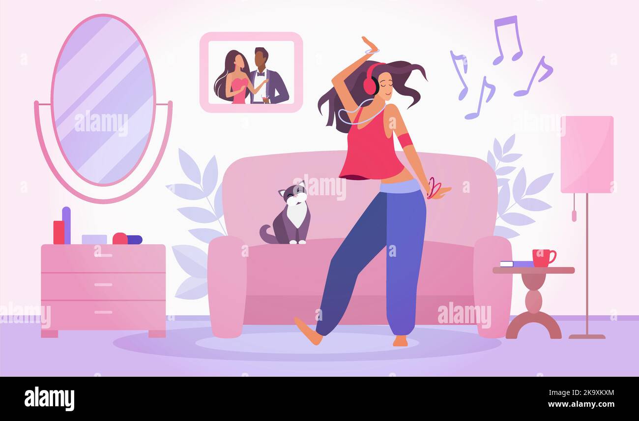 Glücklich Tanz und Bewegung der Frau zu Hause Vektor-Illustration. Cartoon nette Szene mit Mädchen hören lustige Lied oder Musik mit Kopfhörern, genießen und tanzen, lustige Katze auf Sofa-Hintergrund sitzen Stock Vektor