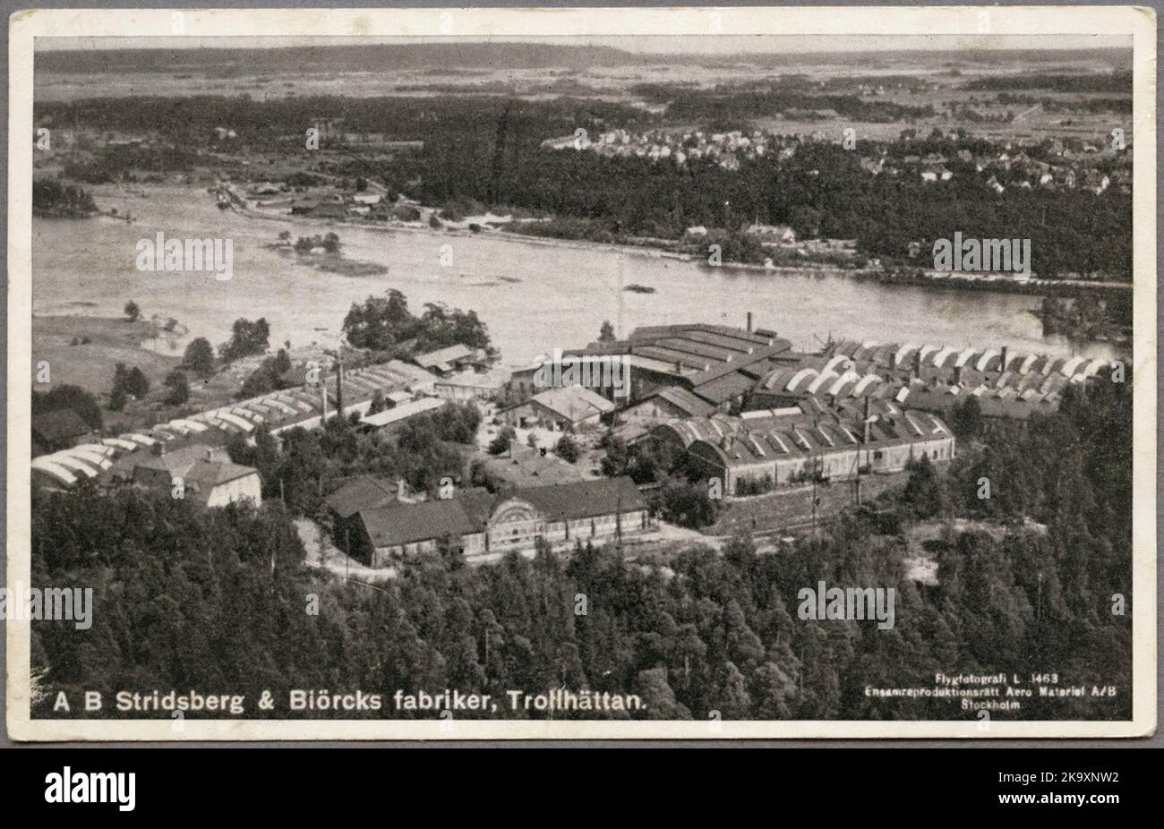 Luftaufnahme über den Fabriken von Stridsberg & Biörck in Trollhättan. Stockfoto