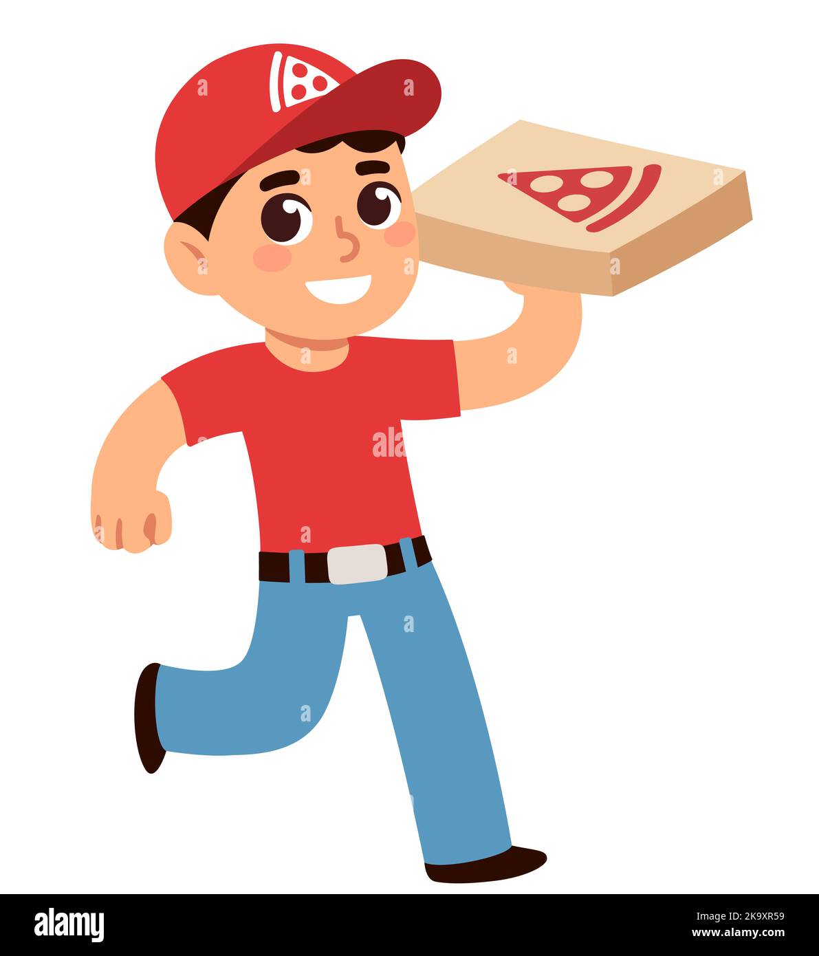 Cute Cartoon Pizza Lieferung Junge hält Pizza-Box mit Logo. Einfache Vektorzeichendarstellung. Stock Vektor