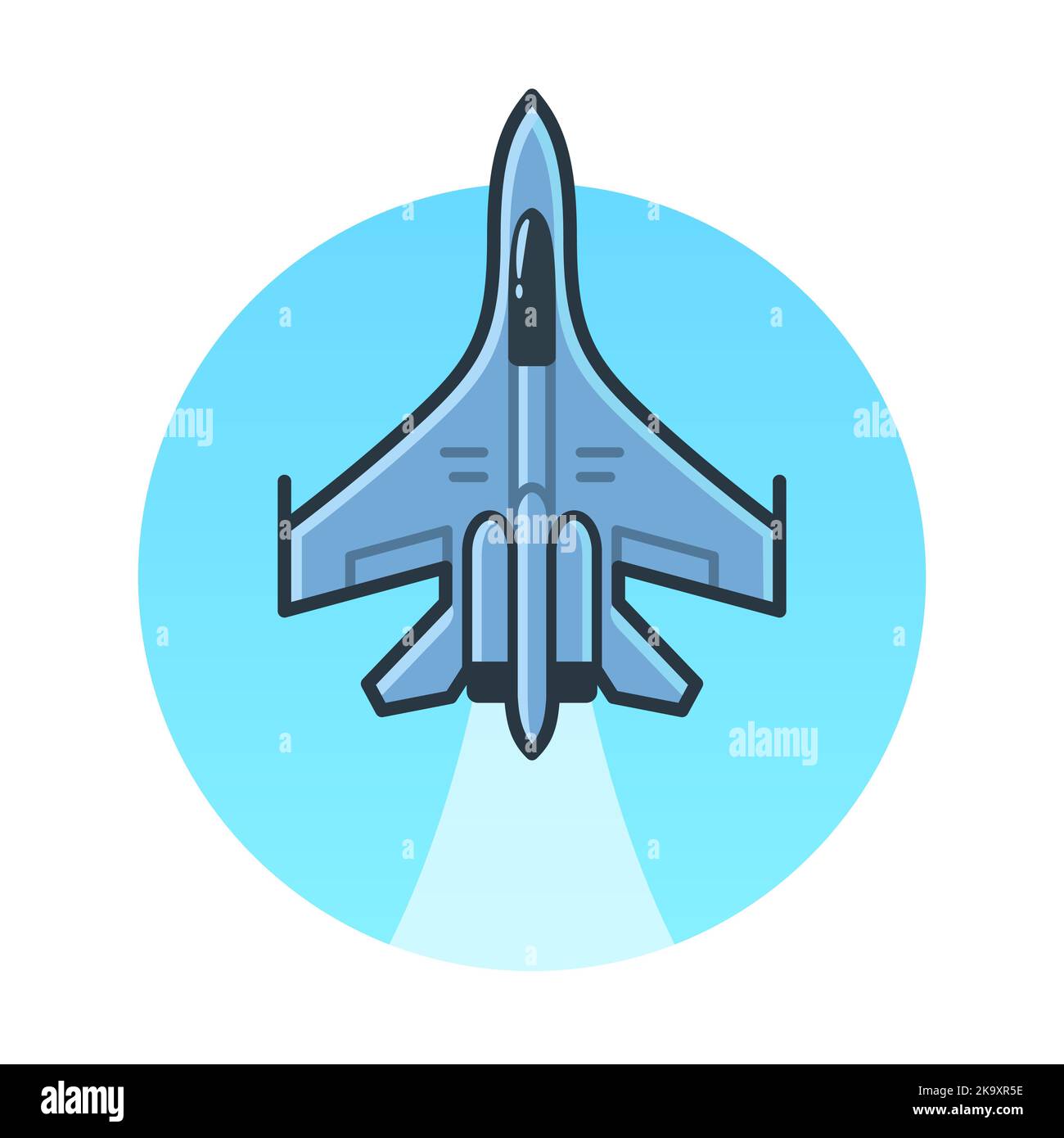 Militärischer Kampfjet auf blauem Kreis. Einfache Karikatur flache Linie Symbol, Vektor-Illustration. Stock Vektor