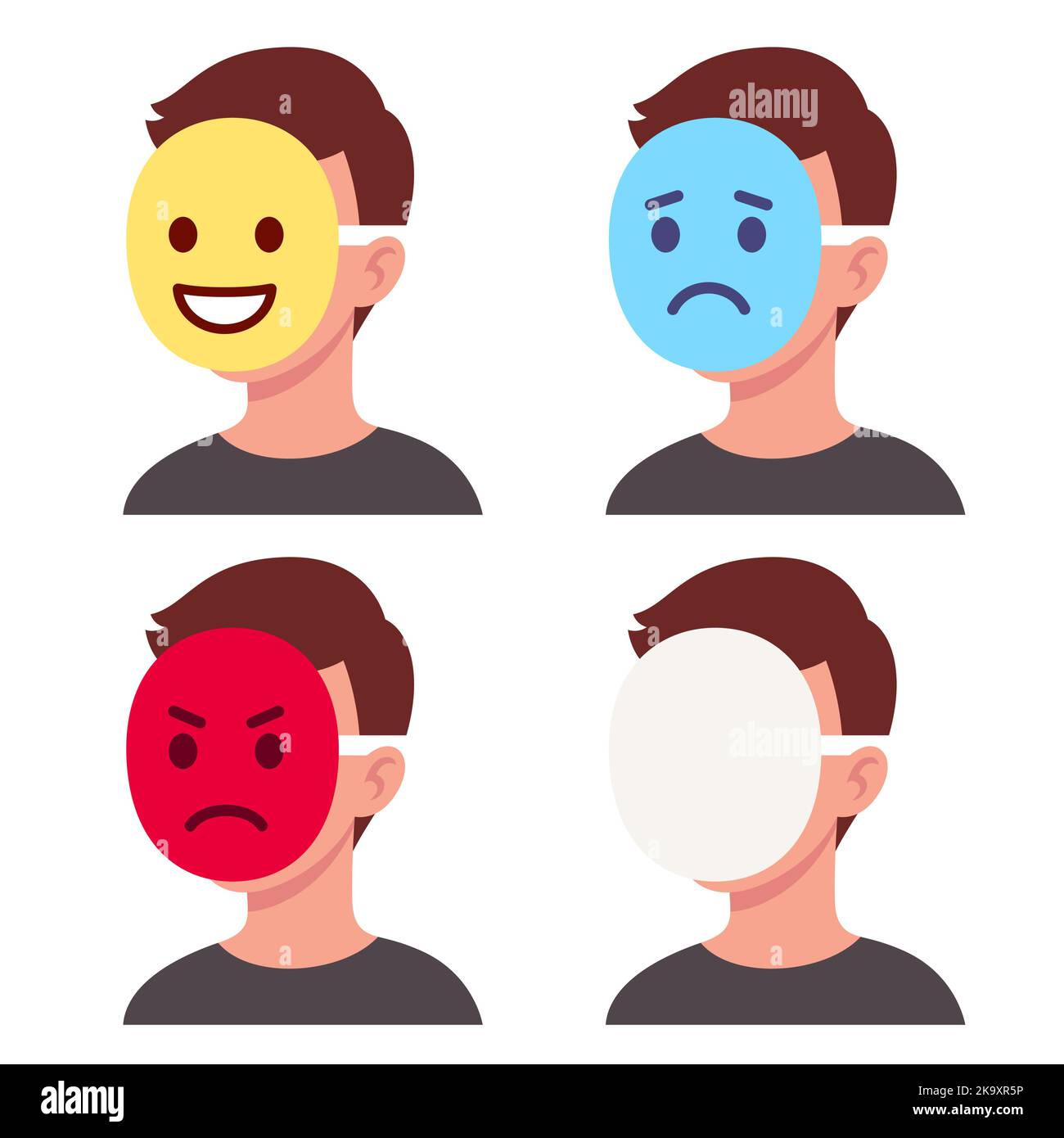 Person mit Emoji-Maske, die das Gesicht bedeckt und Emotionen durch Symbole zeigt. Glücklich, traurig, wütend und unbekümmert. Vektorgrafik Clip Art Illustration. Stock Vektor