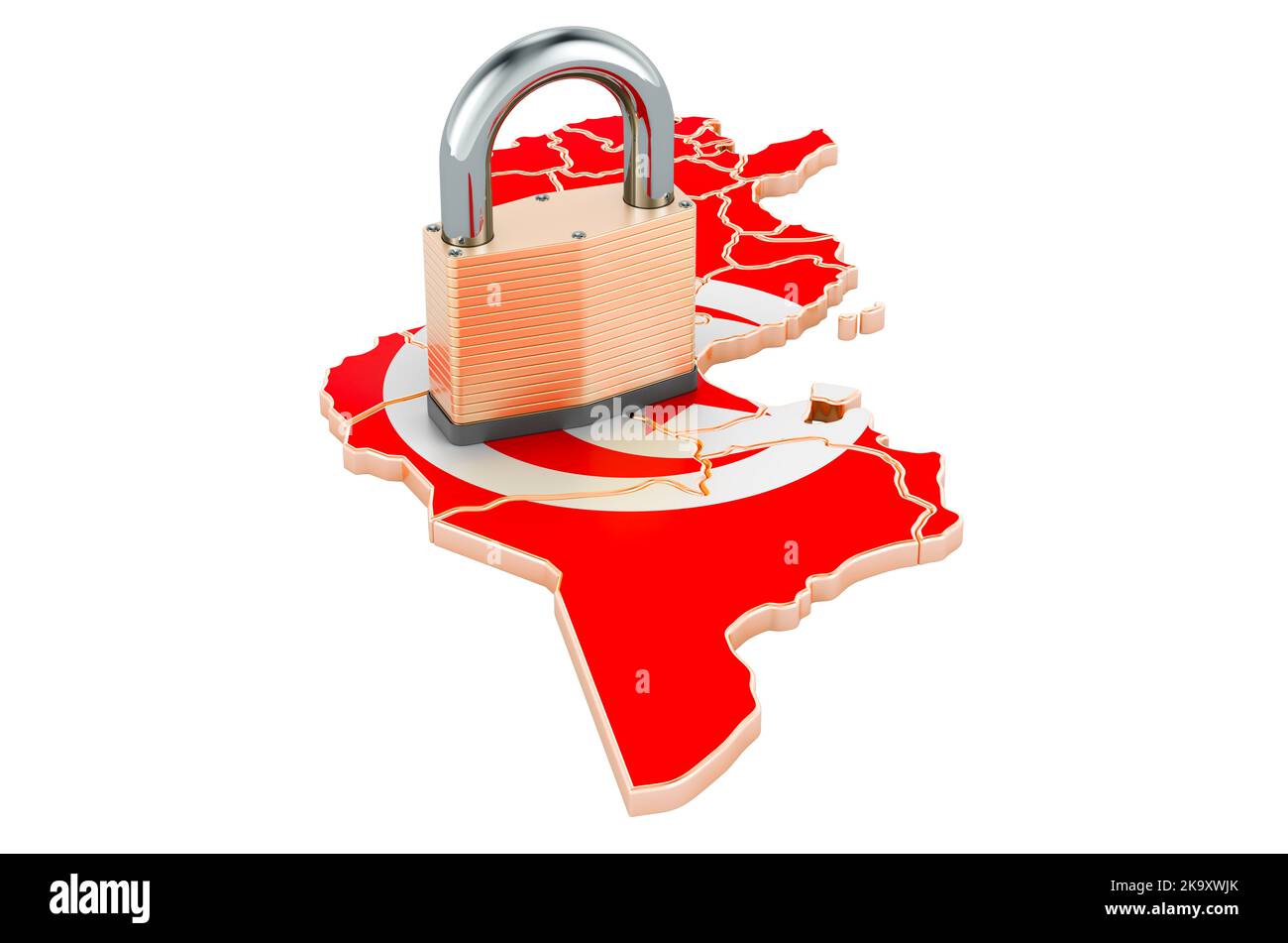 Lockdown in Tunesien. Vorhängeschloss mit Karte, Grenzschutzkonzept. 3D Darstellung isoliert auf weißem Hintergrund Stockfoto