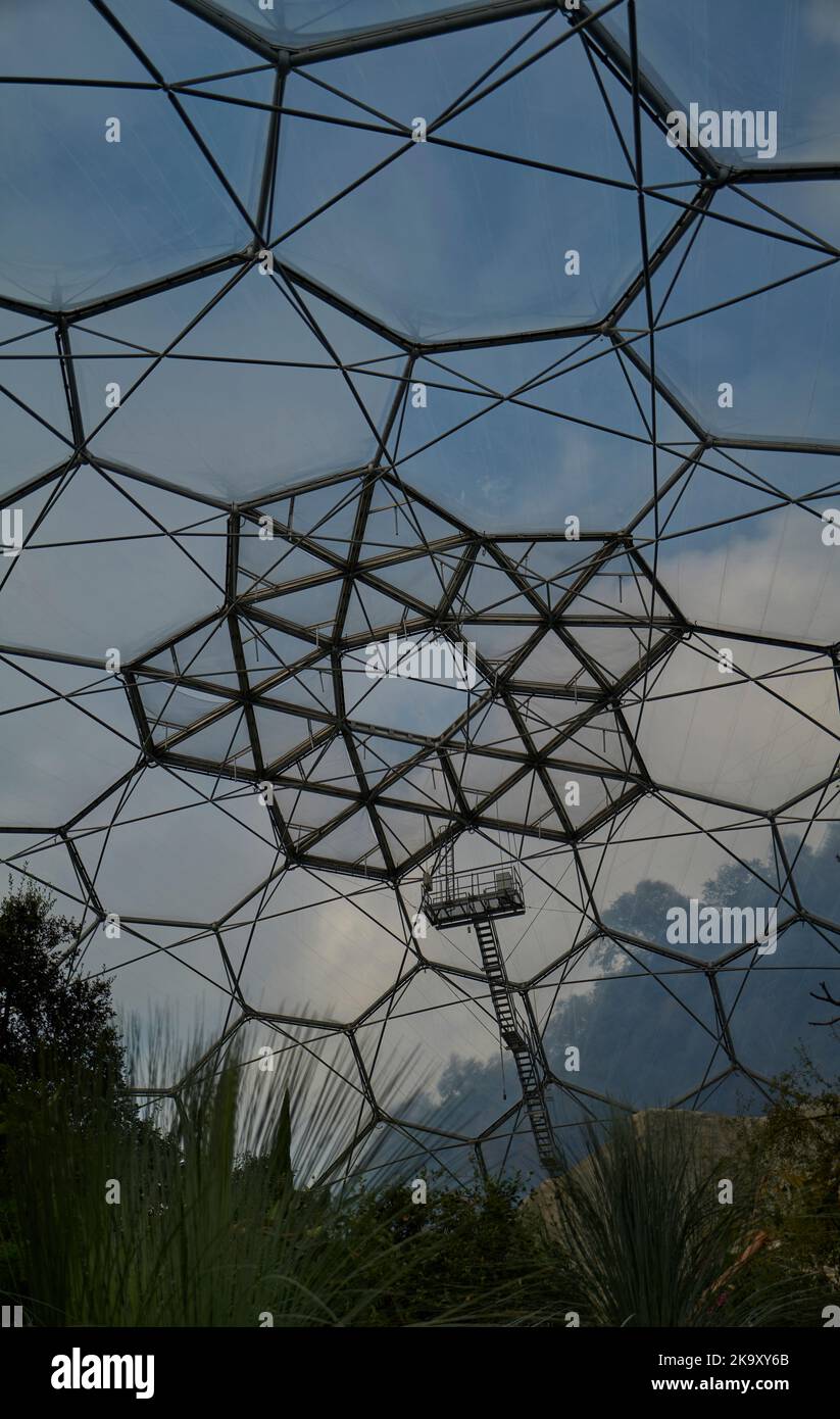 Honigwaben-förmige ökologische Biomes beim Eden Project in Bodelva, St. Austell, Cornwall. Im mediterranen Biom abgebildet Stockfoto