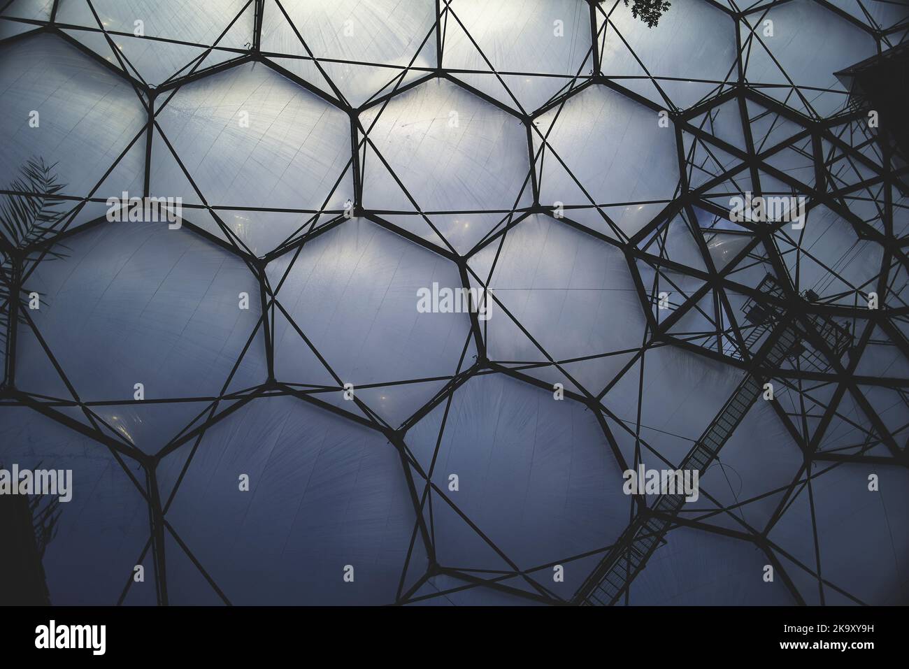 Honigwaben-förmige ökologische Biomes beim Eden Project in Bodelva, St. Austell, Cornwall. Im mediterranen Biom abgebildet Stockfoto
