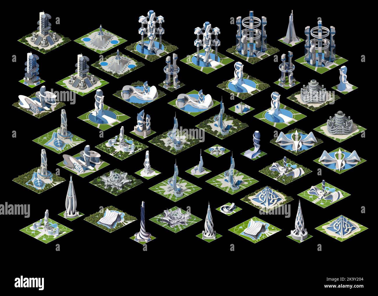 Futuristische Stadtarchitektur mit quadratischen Kachelstrukturen für Science-Fiction-Spiele, die in isometrischer Projektion dargestellt werden. Der Beschneidungspfad ist enthalten Stockfoto