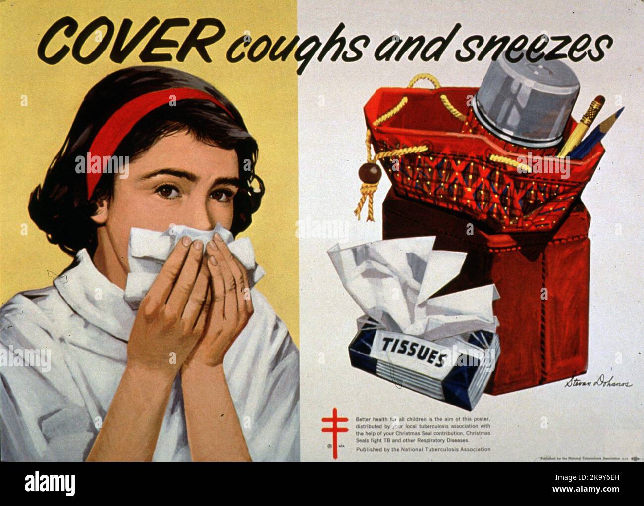 Vintage Cover hustet und niest Poster, ein Mädchen hält ein Taschentuch über Nase und Mund und eine offene Schultasche mit einer Packung Taschentücher Stockfoto