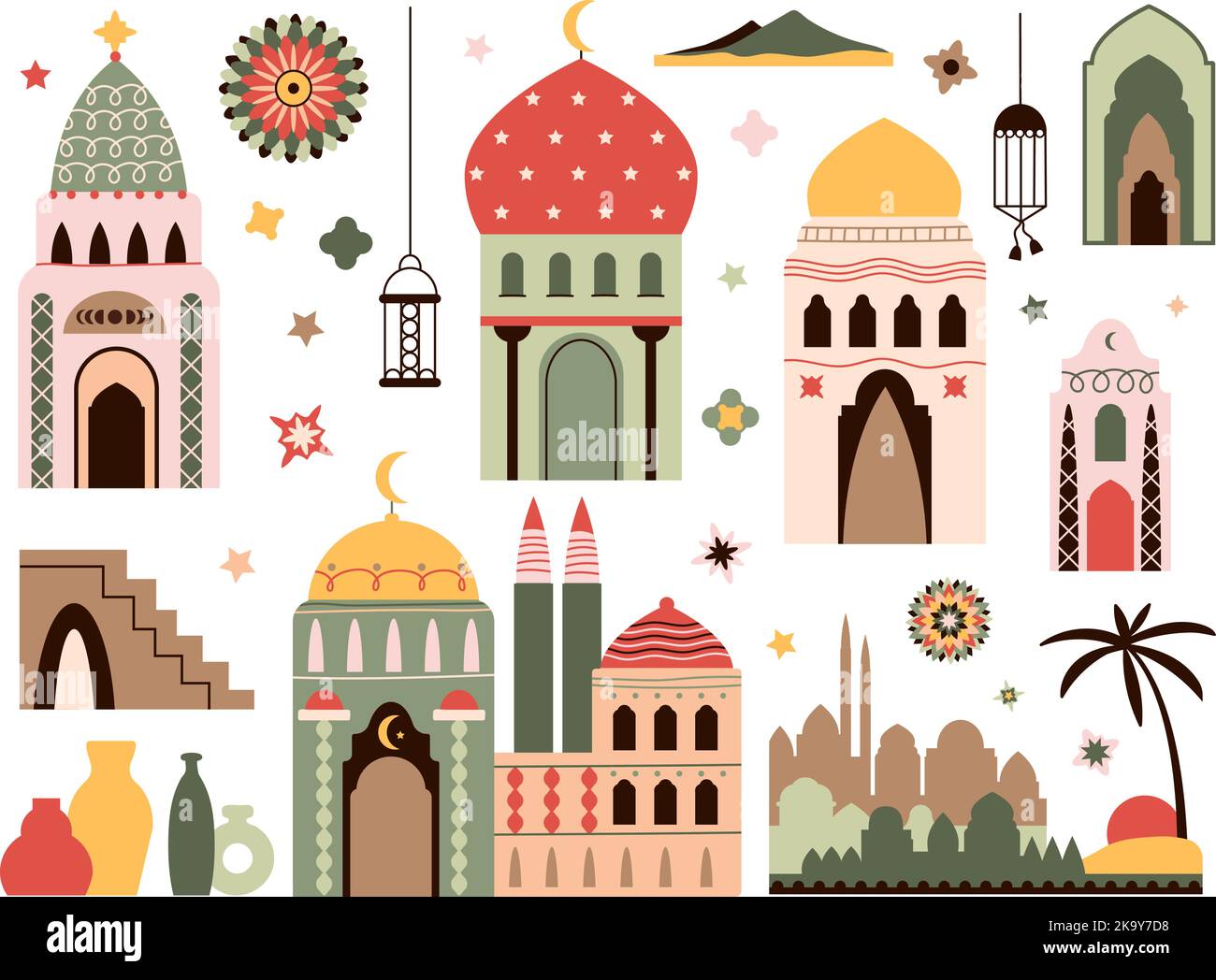 Ramadan kareem islamischen Elementen. Isolierte Lampe, mosaikartige arabische Fenster und Türen. Moschee Silhouetten, dekorative Vasen dezente Vektor abstrakt orientalisch Stock Vektor