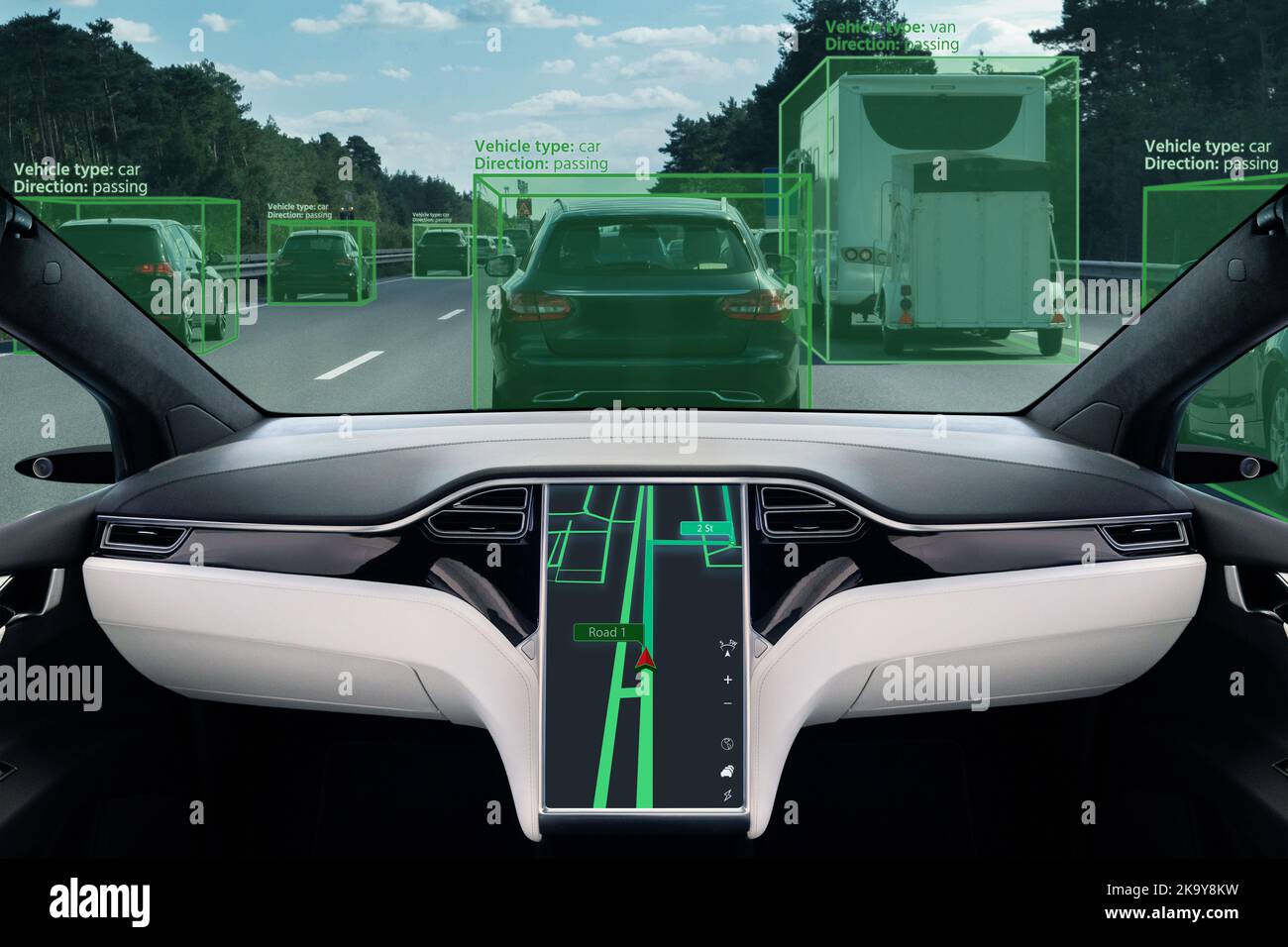Autonomes Fahrzeugbild mit Systemerkennung von Autos Stockfoto
