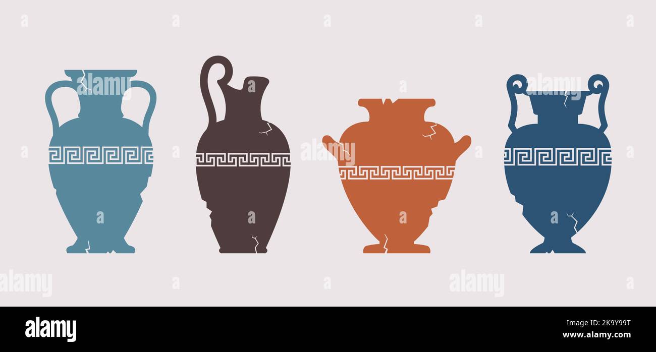 Set aus zerbrochenen Vase-Silhouetten. Verschiedene geknackte antike griechische Amphoren mit Mäander-Muster. Verschiedene Formen und Formen der antiken Keramik Glas oder Gefäß Stock Vektor