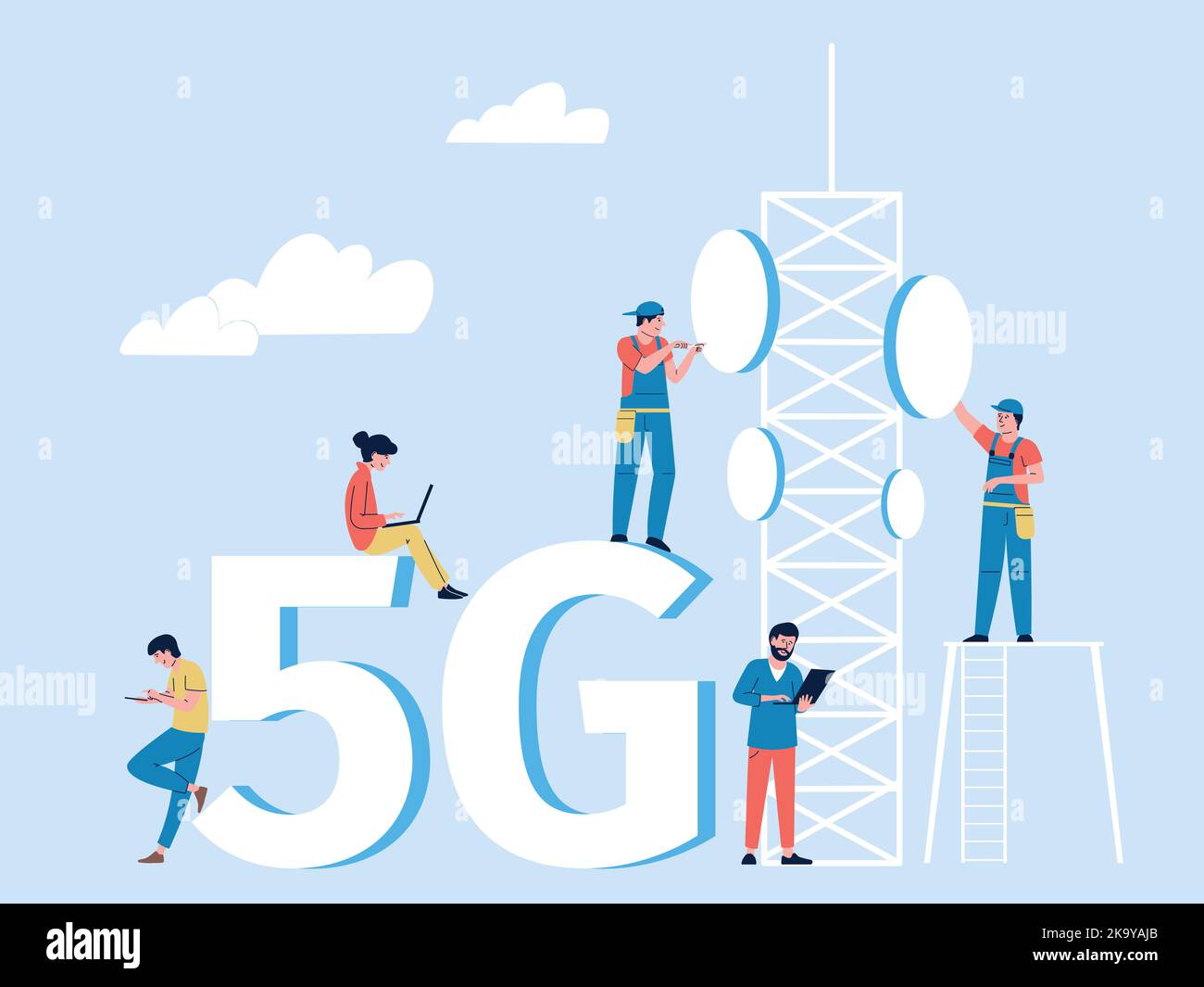 Personen, die eine 5G-internetverbindung nutzen. WLAN-Wellen, sichere Internetverbindung in der Öffentlichkeit. Business Network und Service man connect Antenne. Aktueller Telekommunikations-Vektor Stock Vektor