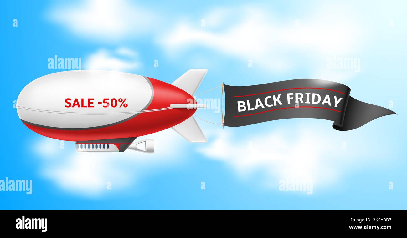 Dirigierbar mit Banner. Realistischer Zeppelin, der in blauem Himmel fliegt, flatterndes Textilband, schwarzer freitagsverkauf, isoliertes Luftschiff, Promo-Rabatt-Poster Stock Vektor