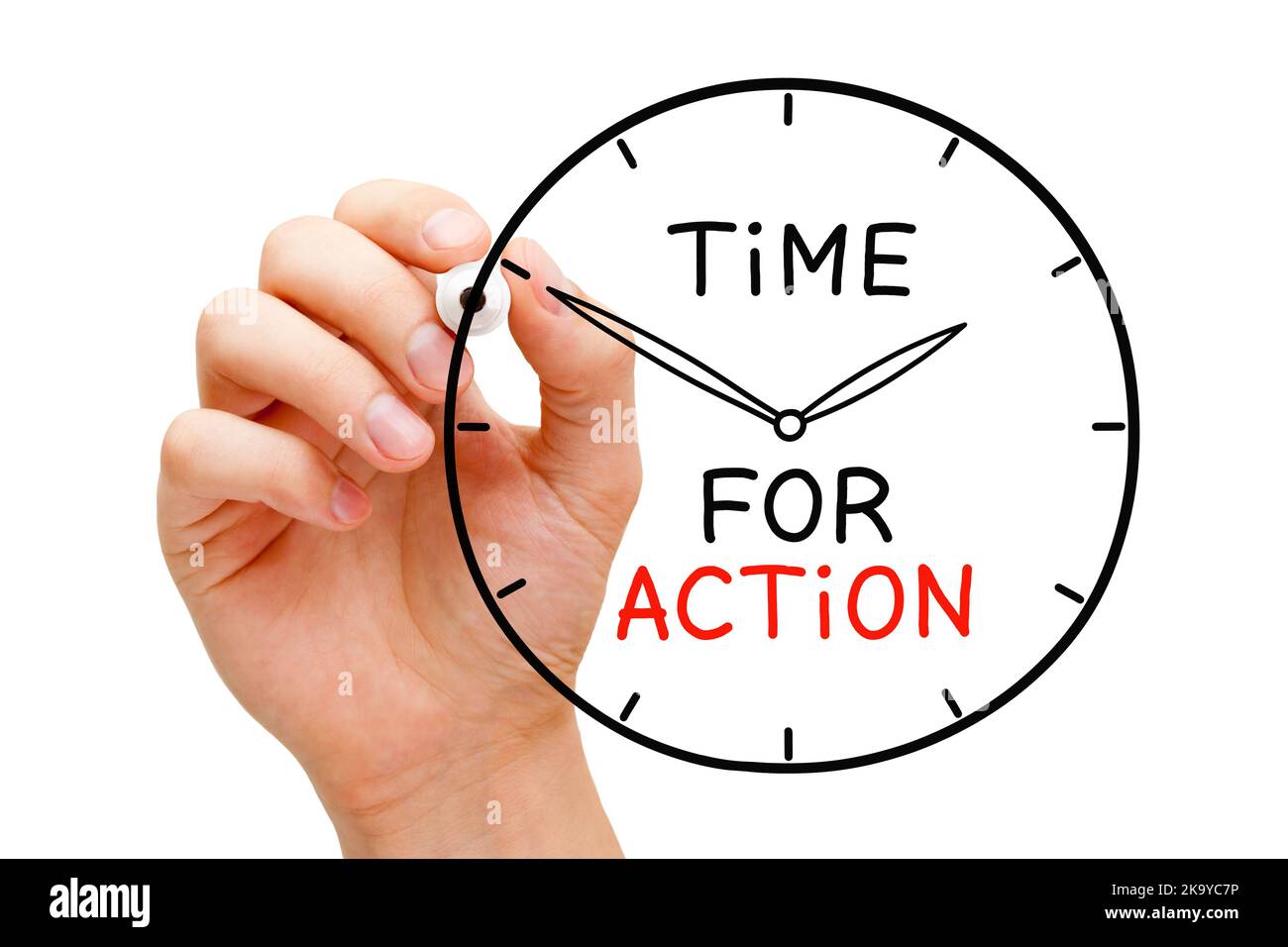 Handzeichnung einer Uhr mit Motivationsbotschaft Time for Action. Stockfoto