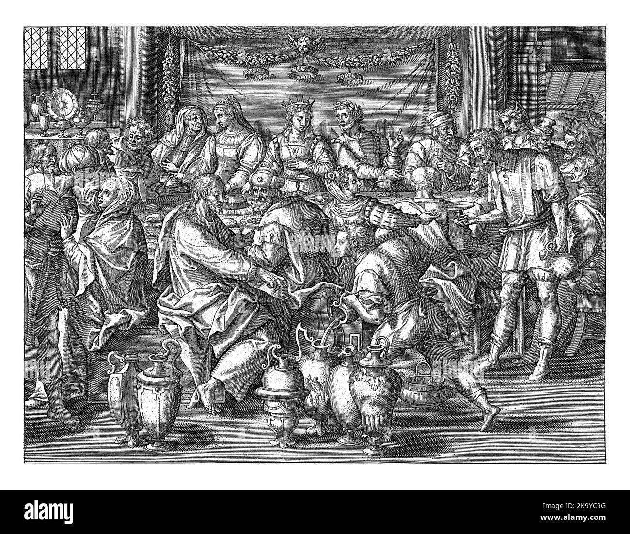 Bei der Hochzeit von Kana bestellt Christus sechs Krüge mit Wasser zu füllen. Dann verwandelt er das Wasser in Wein. Stockfoto