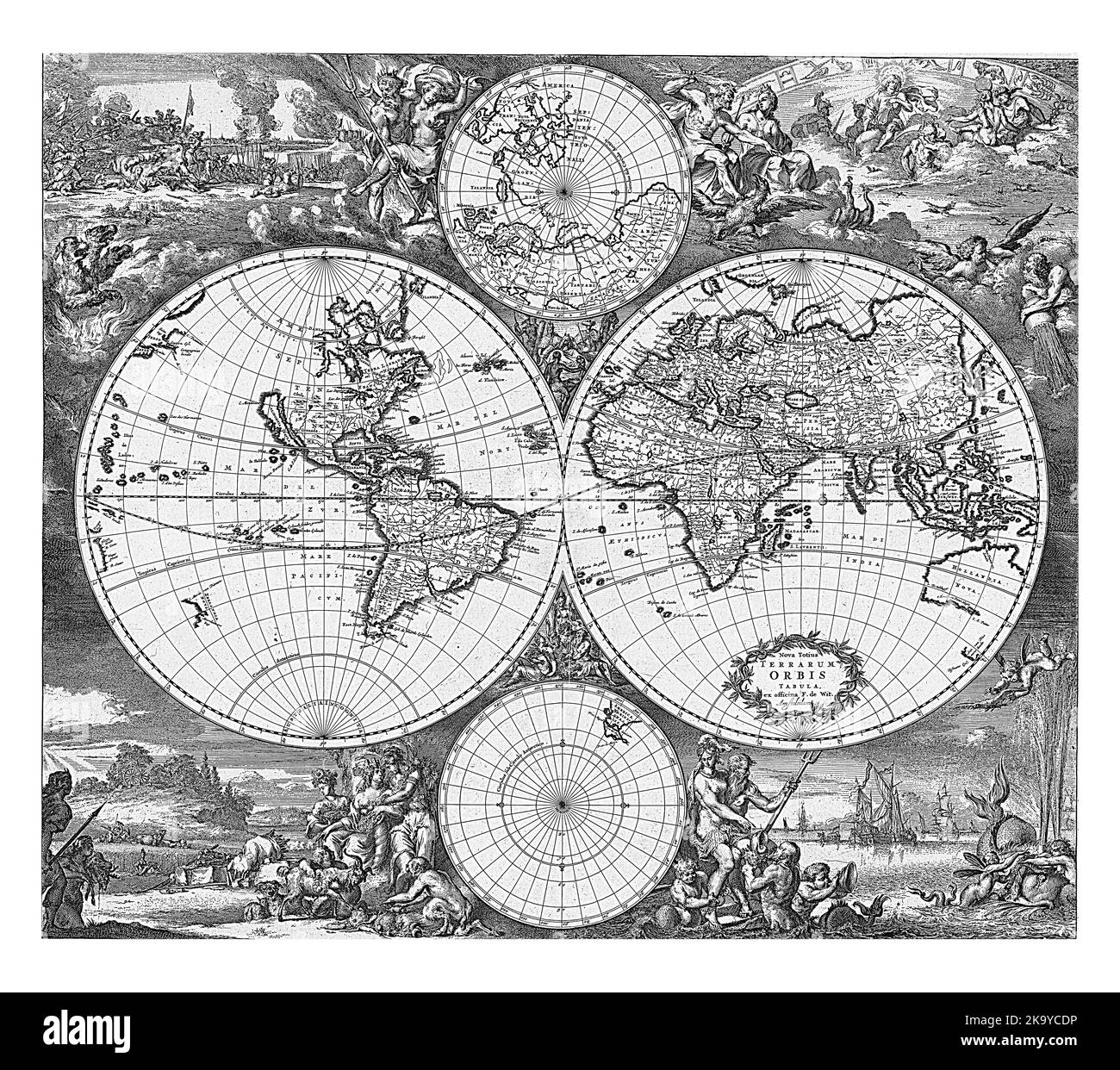 Weltkarte in zwei Hemisphäre, mit einer Karte des Nordpols oben und des Südpols unten. In den Ecken Allegorien der vier Elemente. Stockfoto