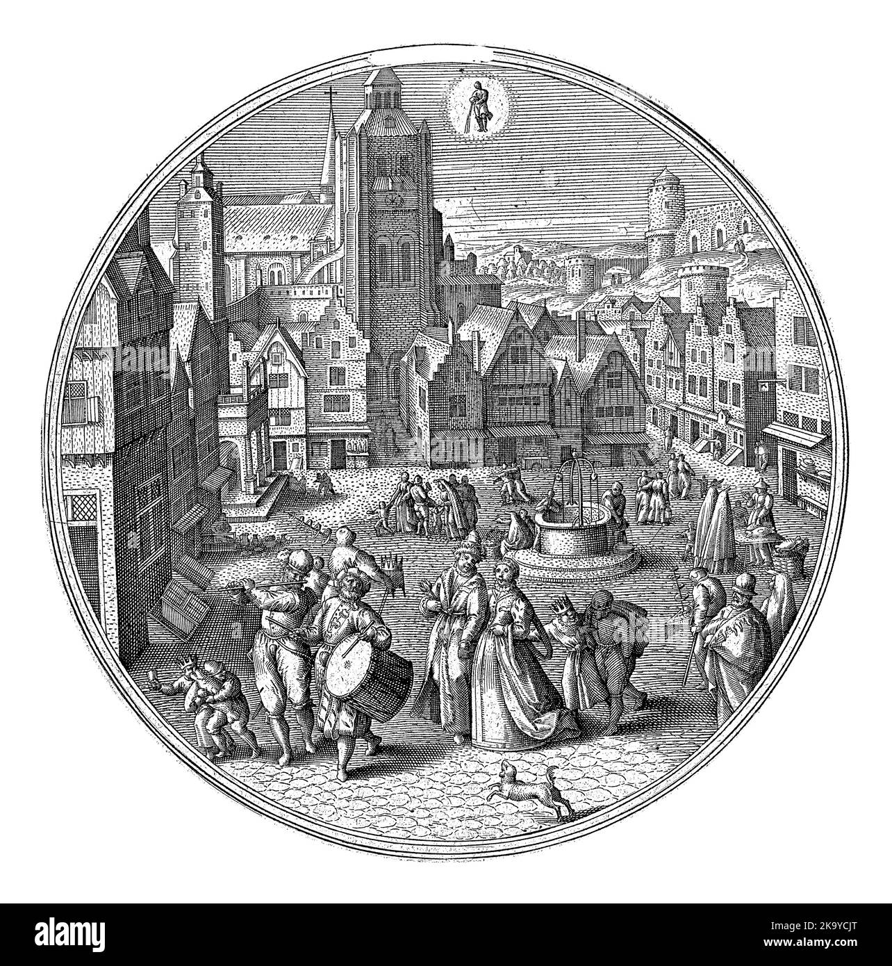 Januar, Adriaen Collaert, nach Hans Bol, 1578 - 1582 Rundbild mit Winterszenen in der Stadt. Der Januar ist der Eismonat. Epiphany wird gefeiert. Stockfoto