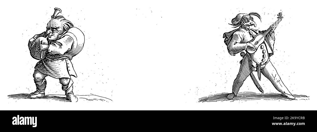 Zwerg mit Dudelsack; Commedia dell'arte Figur mit Gitarre, Schwert und Maske, Jacques Callot, 1621 - 1676 links: Zwerg, von links gesehen, mit Buckel hinten, p Stockfoto