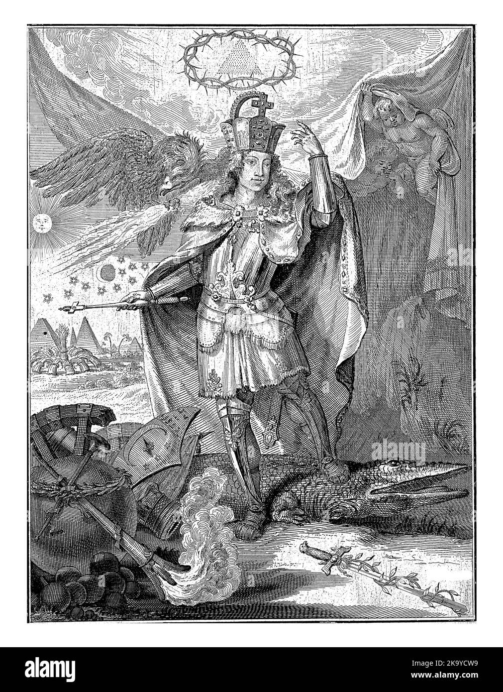 Ferdinand IV. Von Österreich, Kaiser des Heiligen Römischen Reiches, in Rüstung und mit Krone und Zepter, mit seinem linken Fuß auf einem Krokodil. Stockfoto