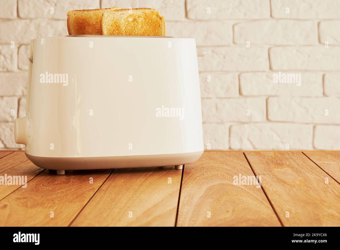 Weißer elektrischer Toaster und fertig gebackene Brotscheiben auf dem hölzernen Küchentisch. Kochen und Haushaltswaren Technologien Hintergründe Stockfoto