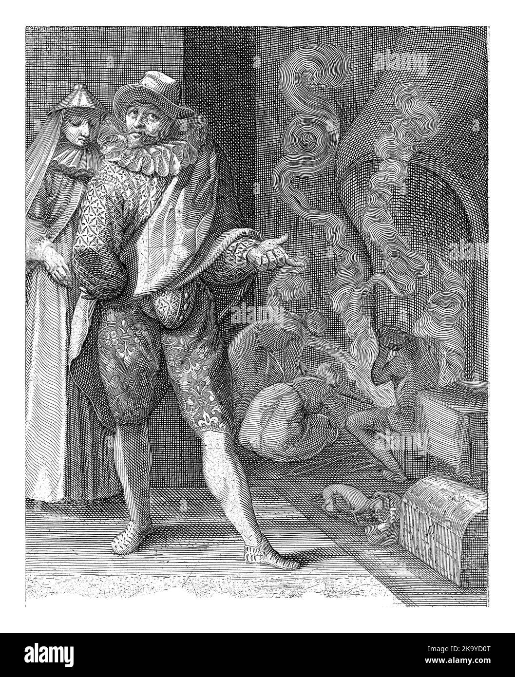 Sprichwort: Wo Rauch ist, gibt es nicht unbedingt (gutes) Feuer, Nicolaas Braeu, nach Karel van Mander (I), c. 1608 - c. 1666 modisch gekleidet Stockfoto