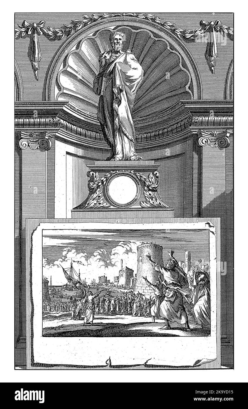 H. Epiphanius von Salamis, Kirchenvater, Jan Luyken, nach Jan Goeree, 1698 der Heilige Kirchenvater Epiphanius von Salamis, der auf einem Sockel steht. Stockfoto
